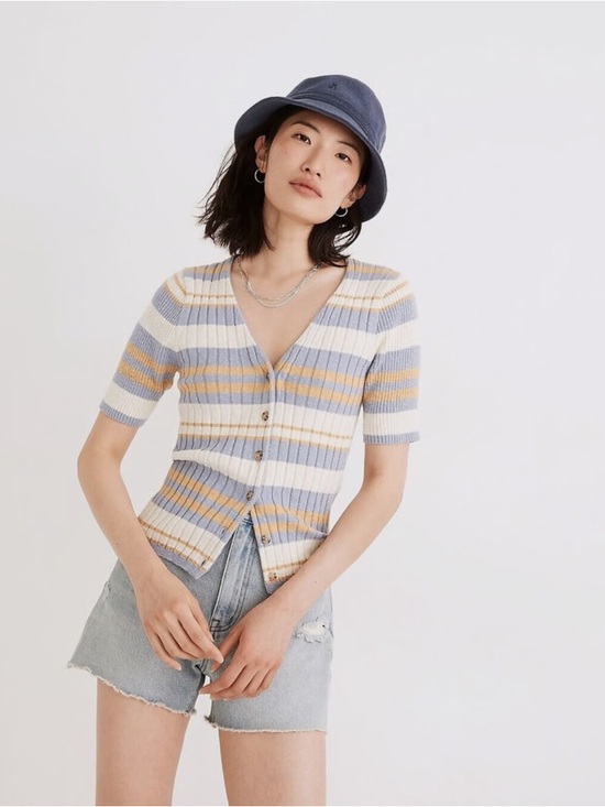Madewell Sweaters - Madewell Glencrest Button-Front Sweater Tee Blue and Yellow Striped Knit XS